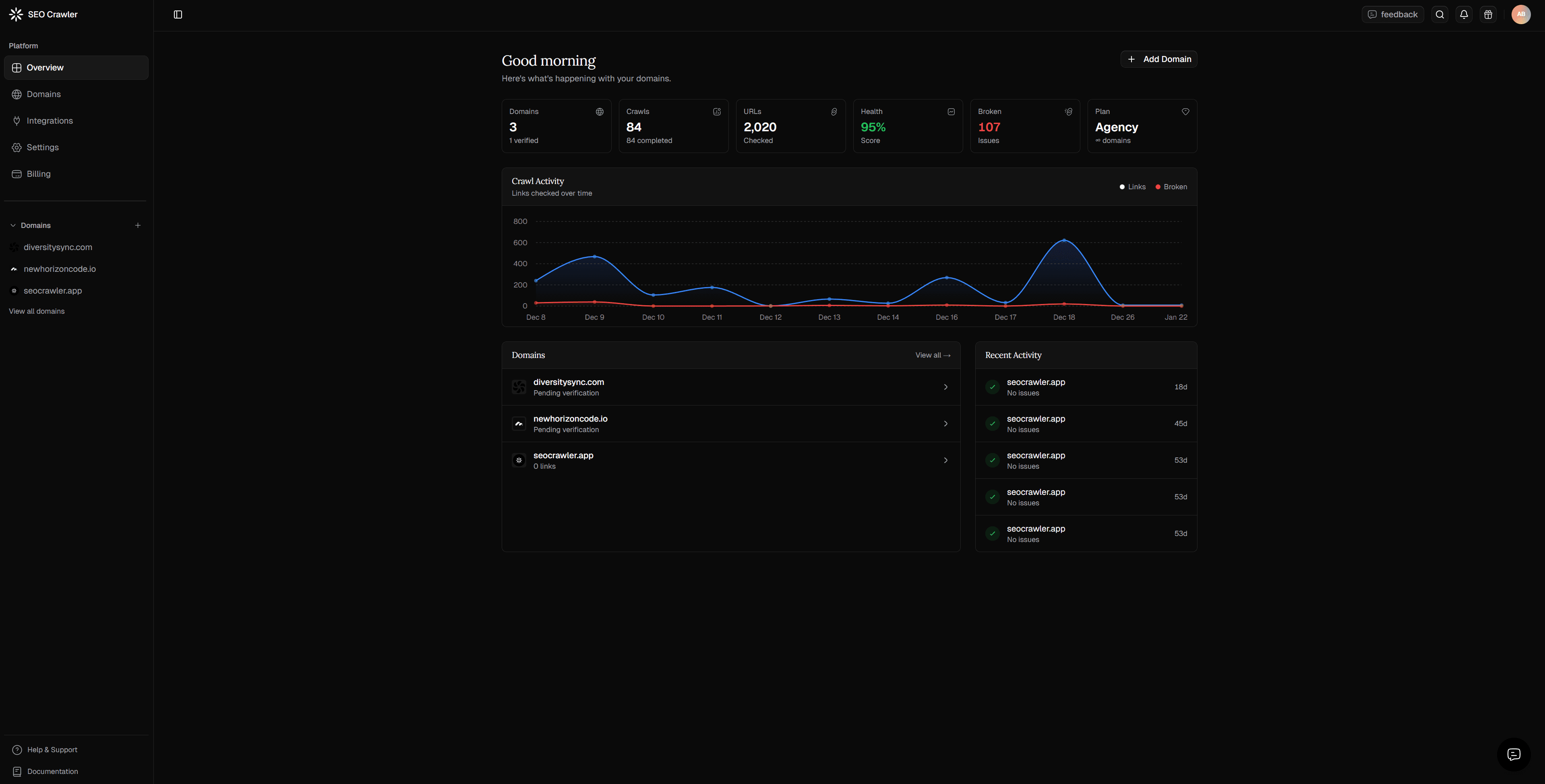 SEO Crawler — project screen by Syrup Studio