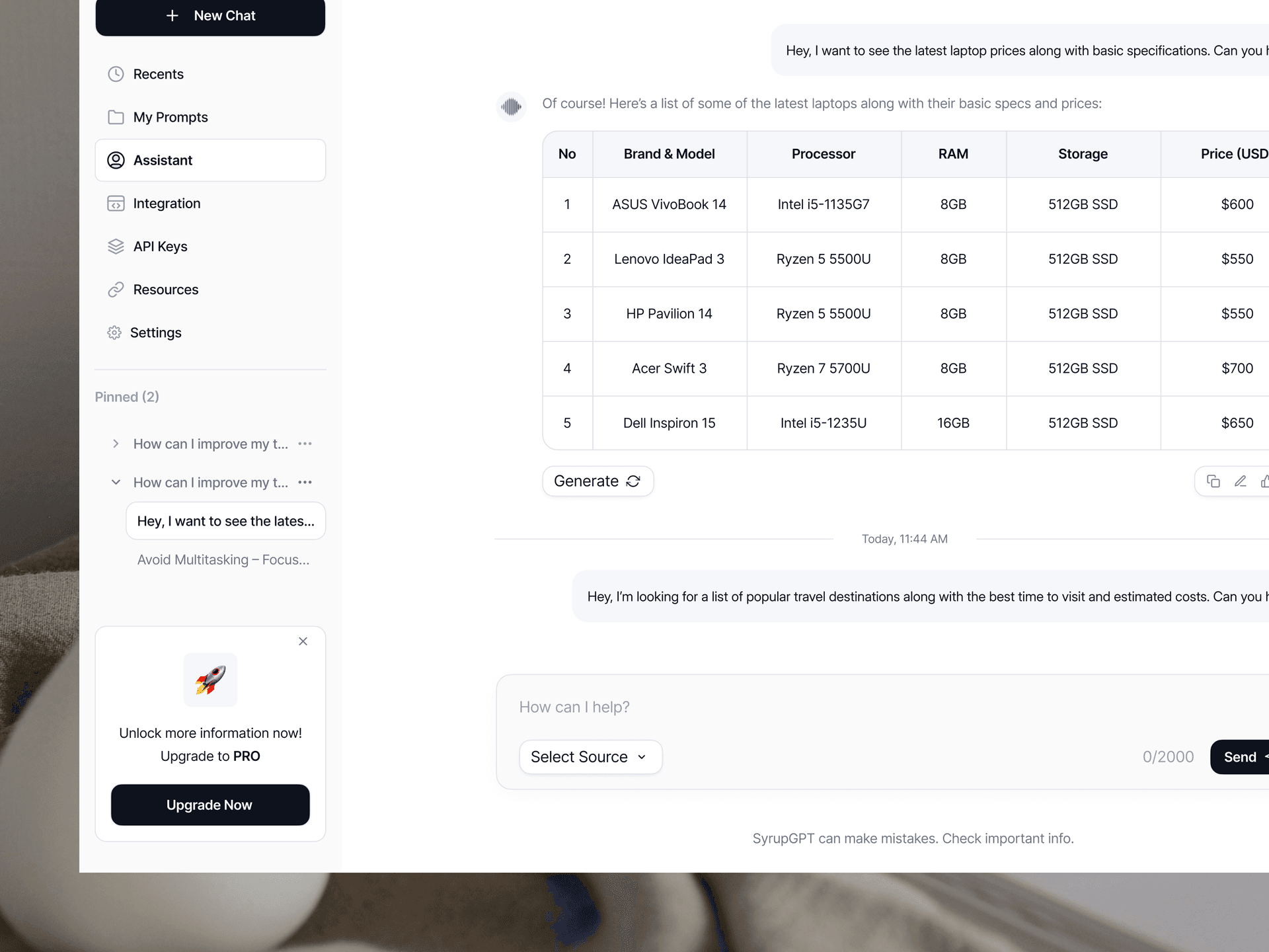 Syrup GPT main interface overview