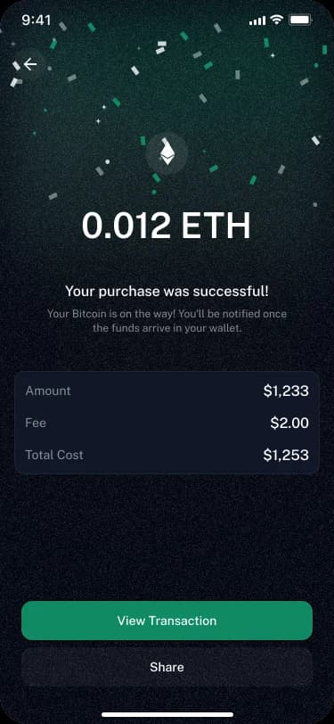 Crypto payment app successful payment screen
