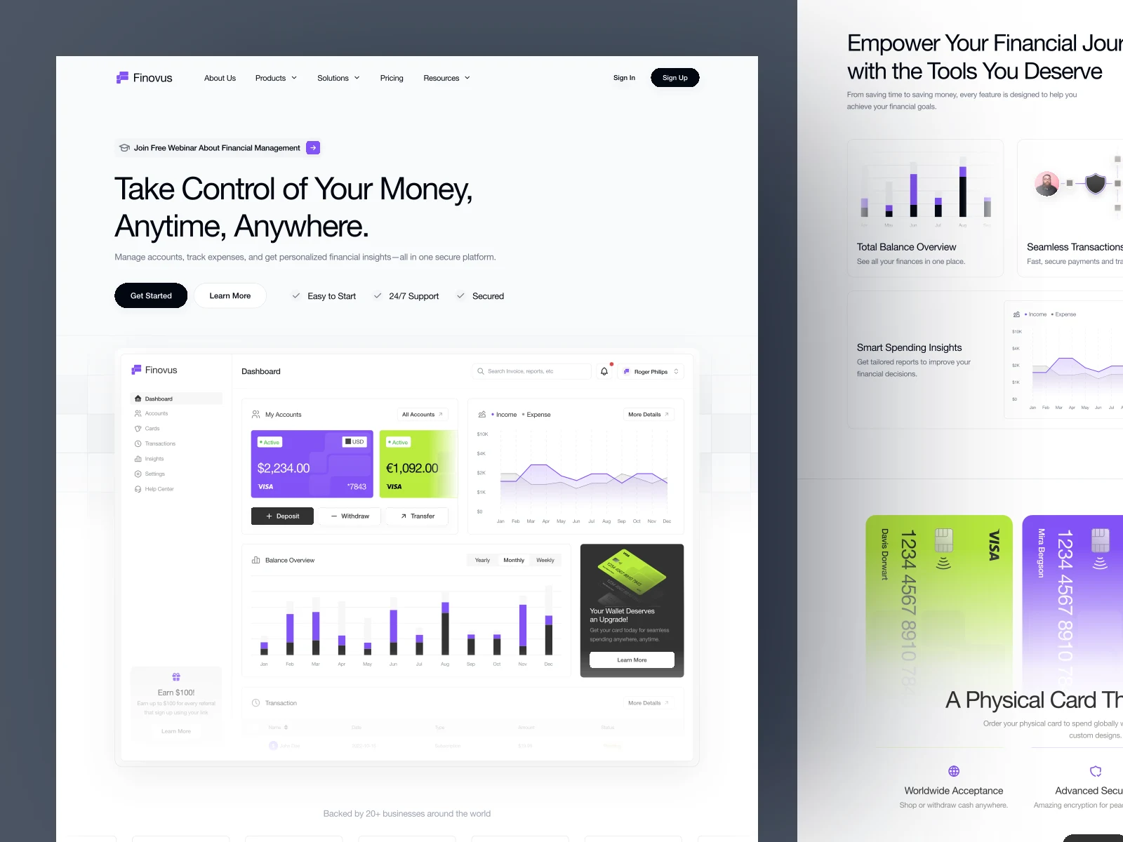 Finovus hero section with headline and product overview