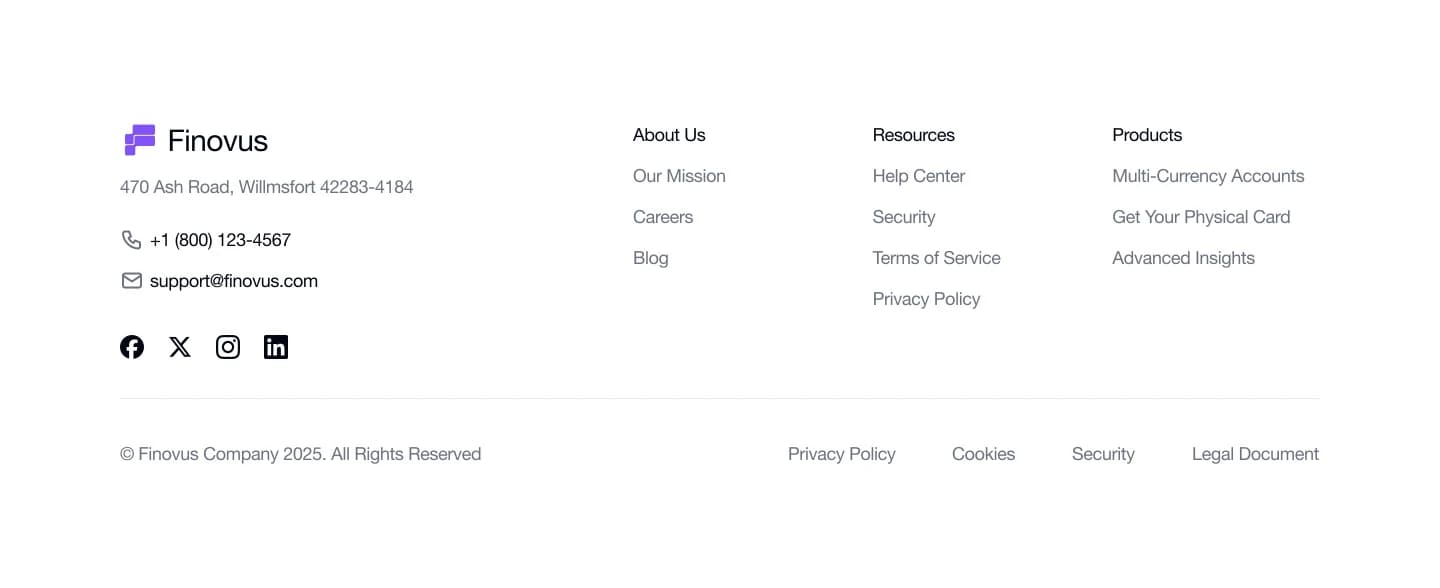 Finovus footer with navigation and branding