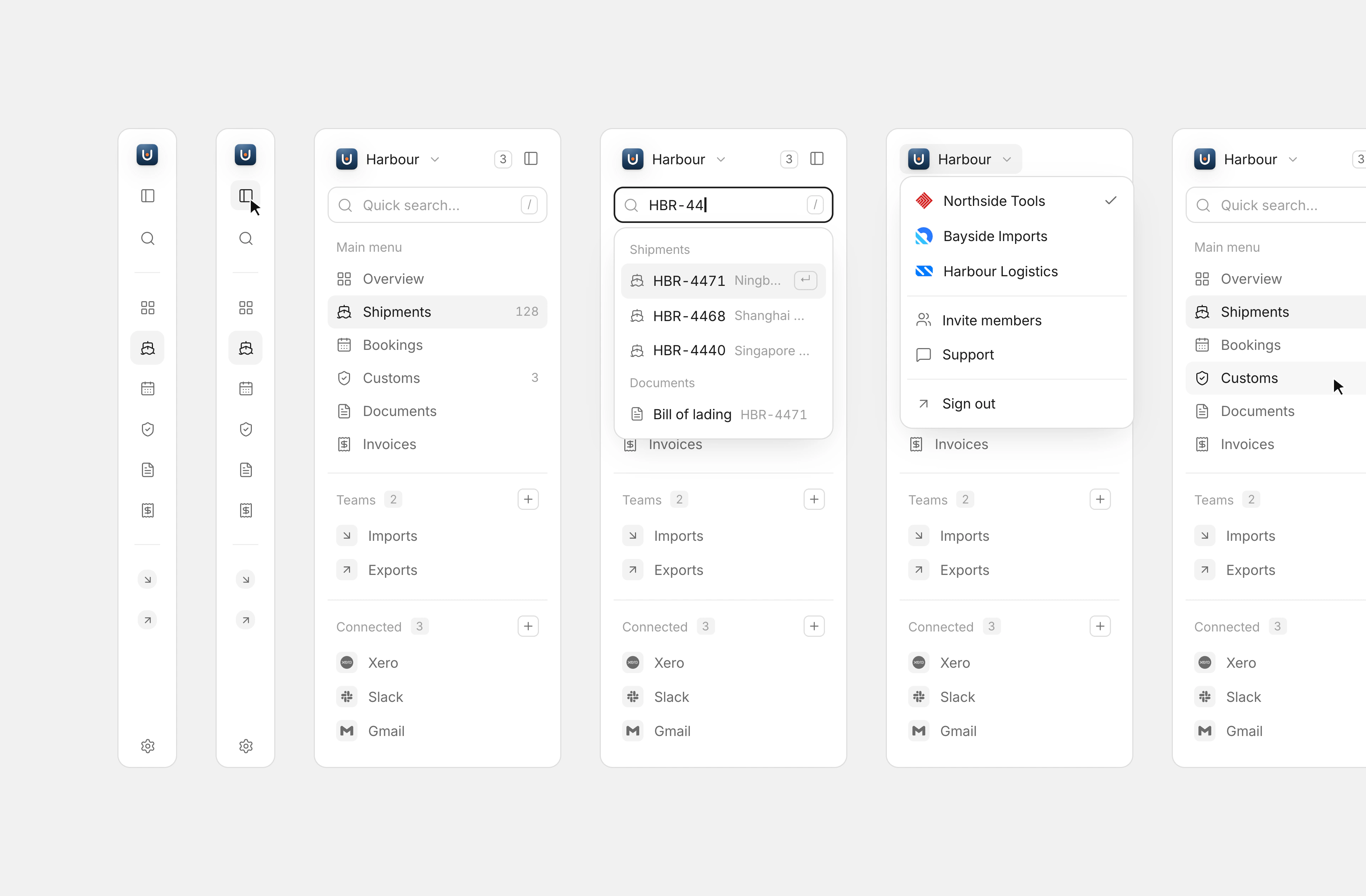 Harbour's sidebar in six states side by side: the rail, expanded, quick search with results, the workspace menu with each company's mark, a hovered row