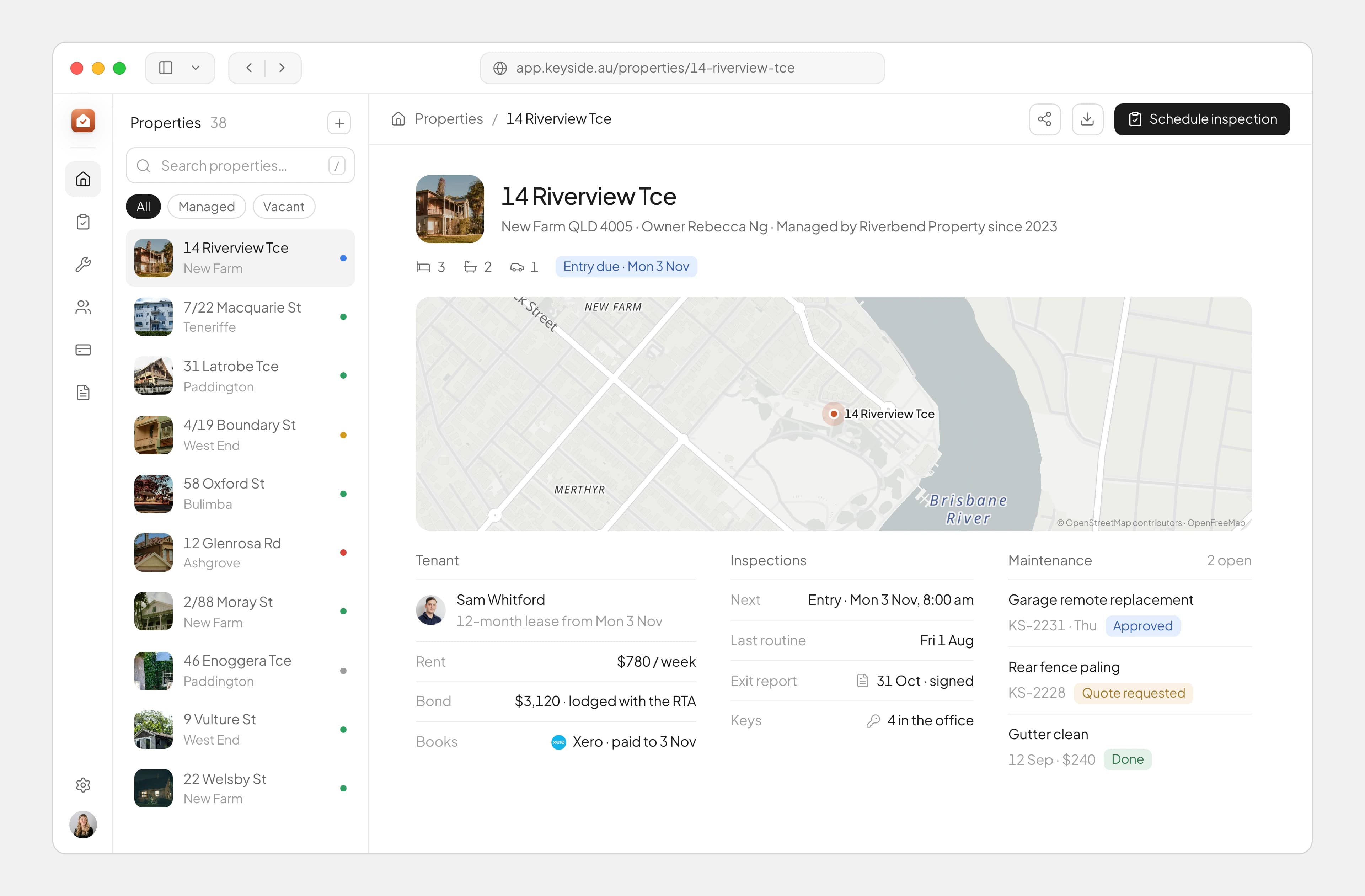Keyside's desktop app: the property list in a side panel and one property over a map of New Farm, with its tenant, inspections and maintenance