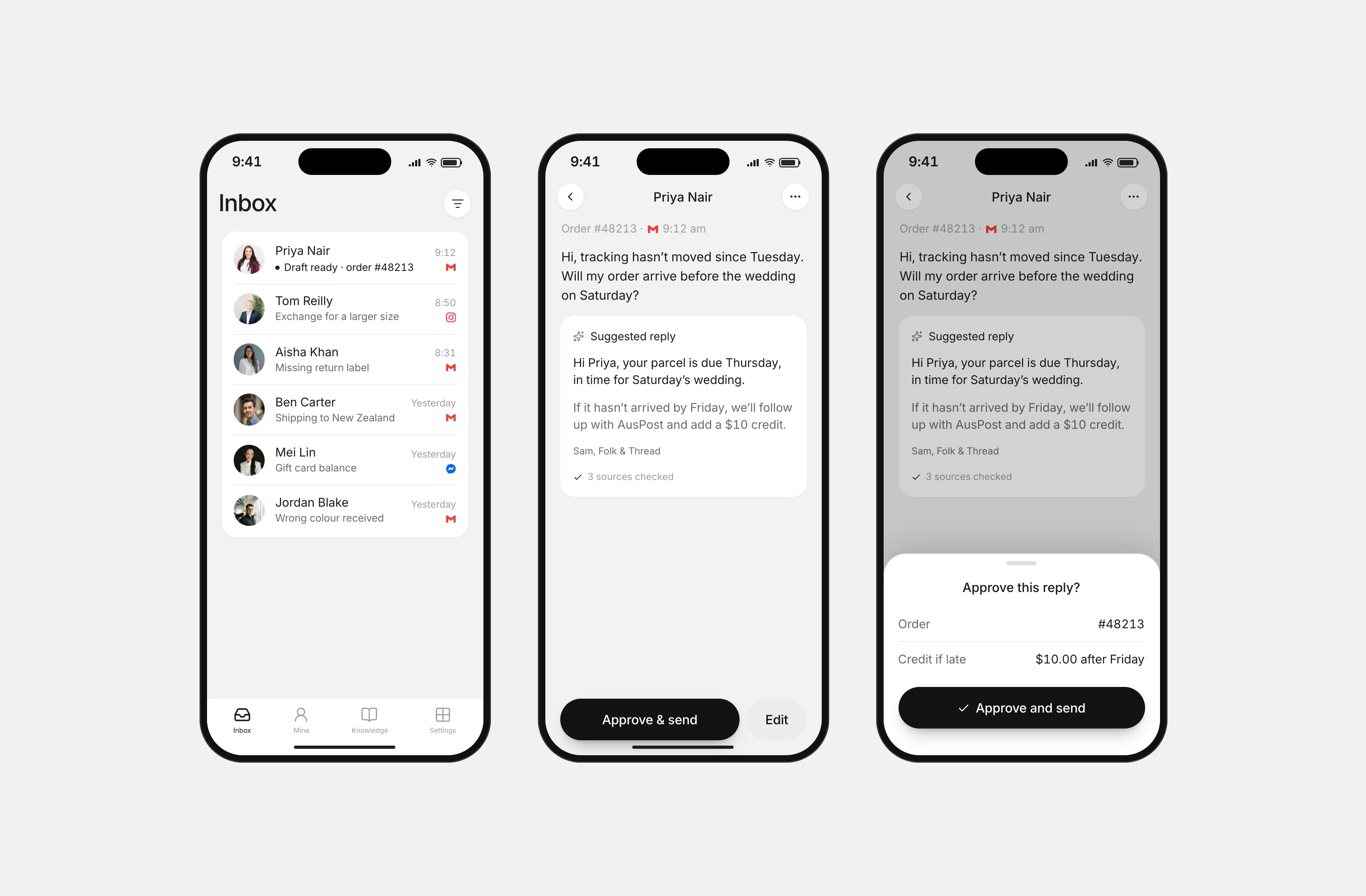 Mend on three phones: the inbox, a thread with its draft, and the approval as a sheet