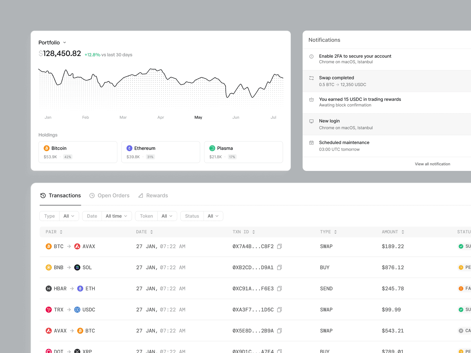 Cryptocurrency Portfolio Dashboard — interface design by Syrup Studio