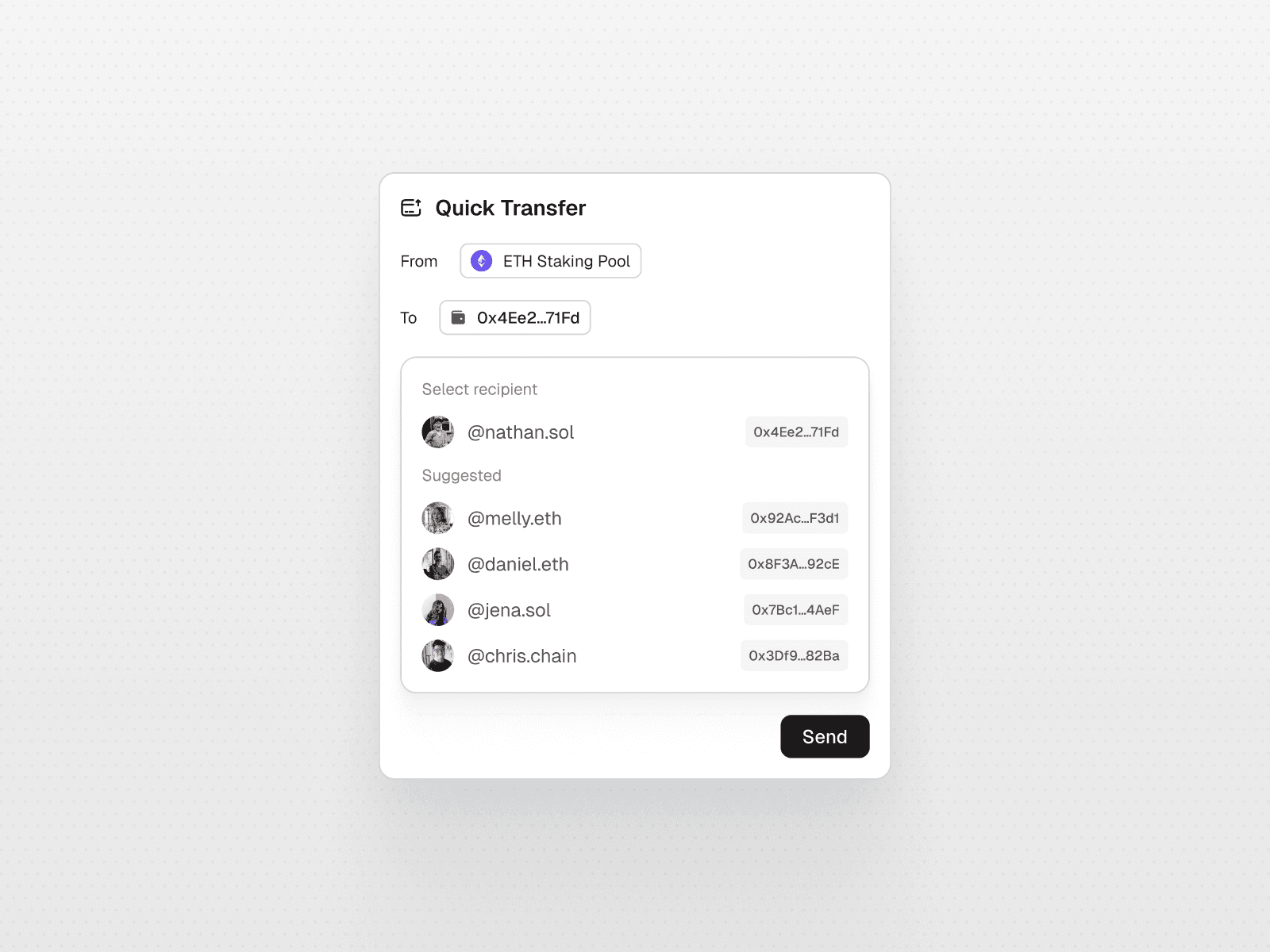 Cryptocurrency Quick Transfer Widget — interface design by Syrup Studio