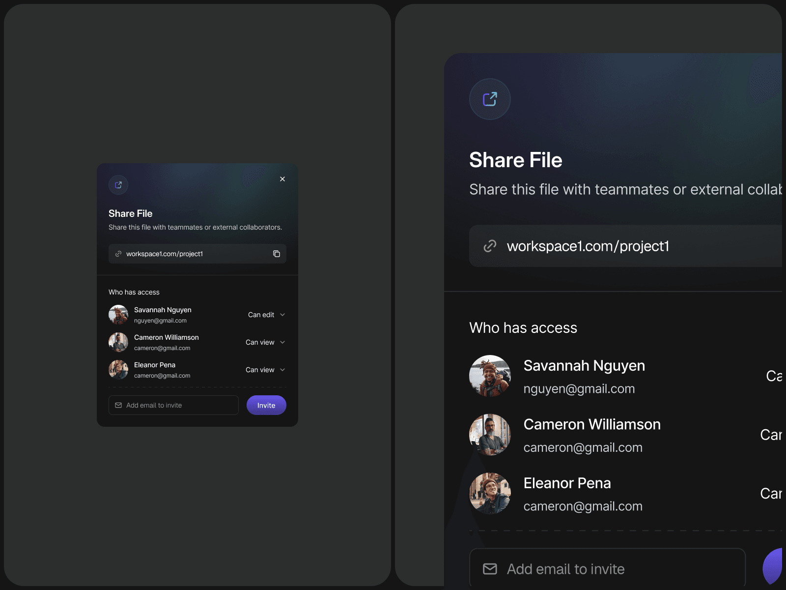 File Sharing Modal Dark Mode — interface design by Syrup Studio