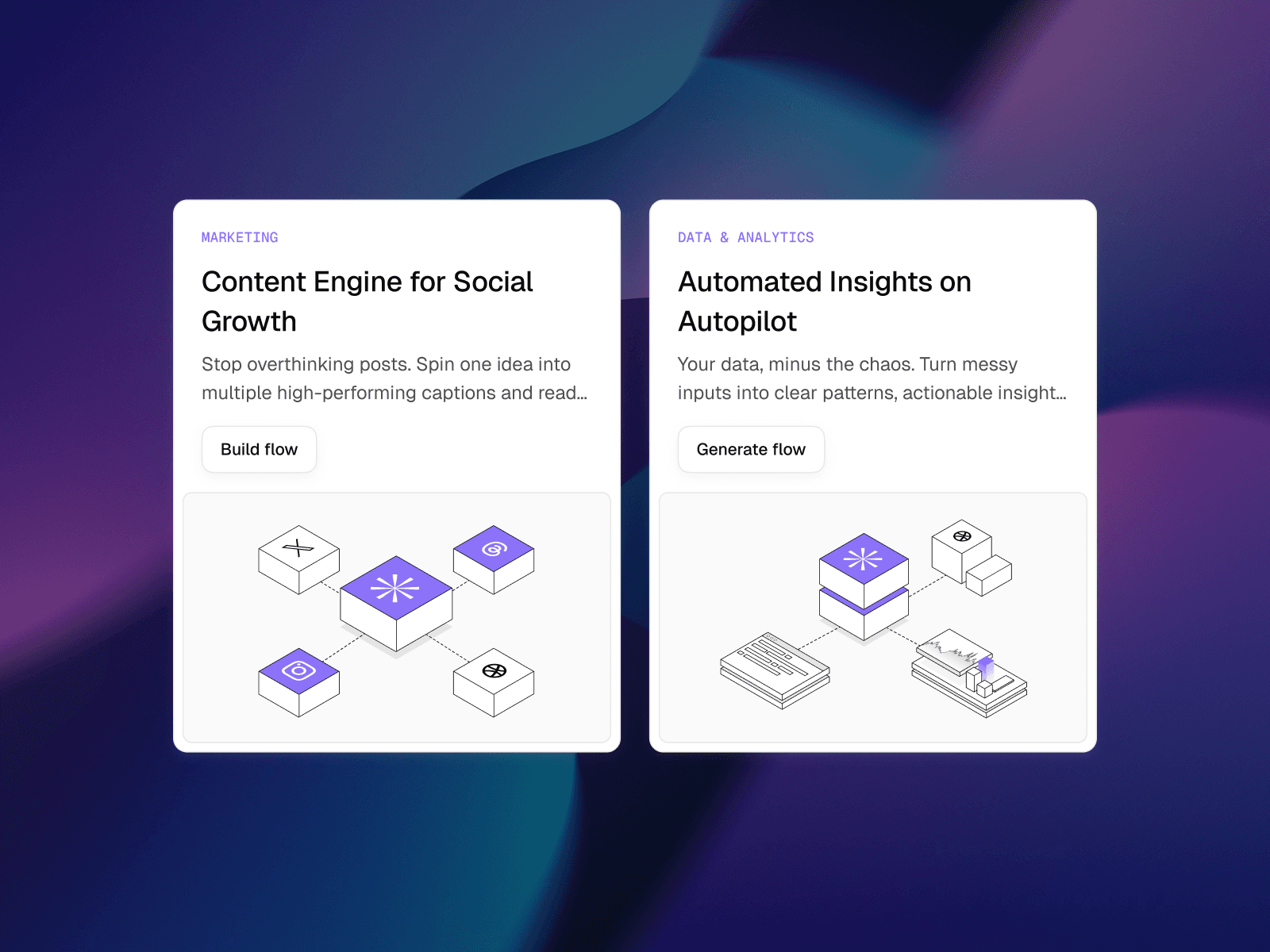 Marketing and Analytics Feature Cards — interface design by Syrup Studio