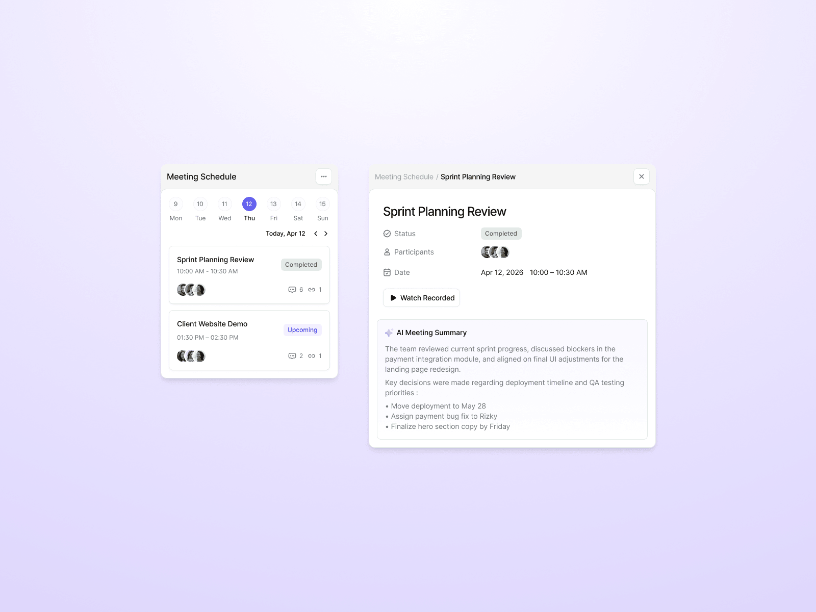 Meeting Schedule and Details View — interface design by Syrup Studio